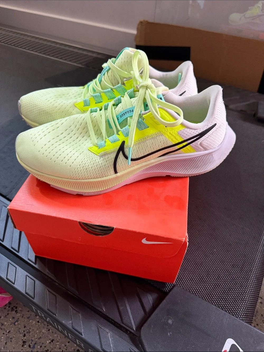 Nike Running Shoes - White with Neon Yellow & Black Swoosh size 8 1/2 women’s